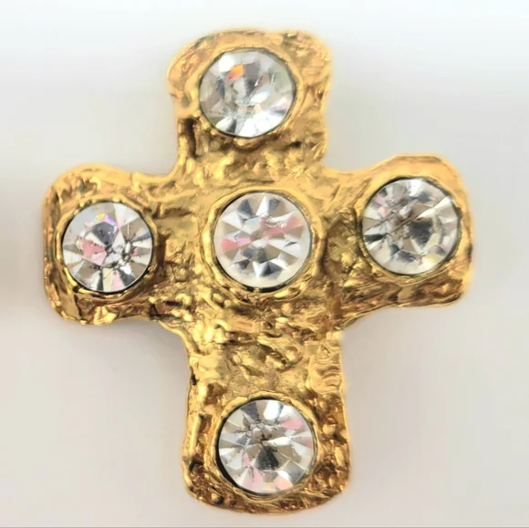 Christian LaCroix Textured Gold Cross Statement Earrings with Swarovski Crystals